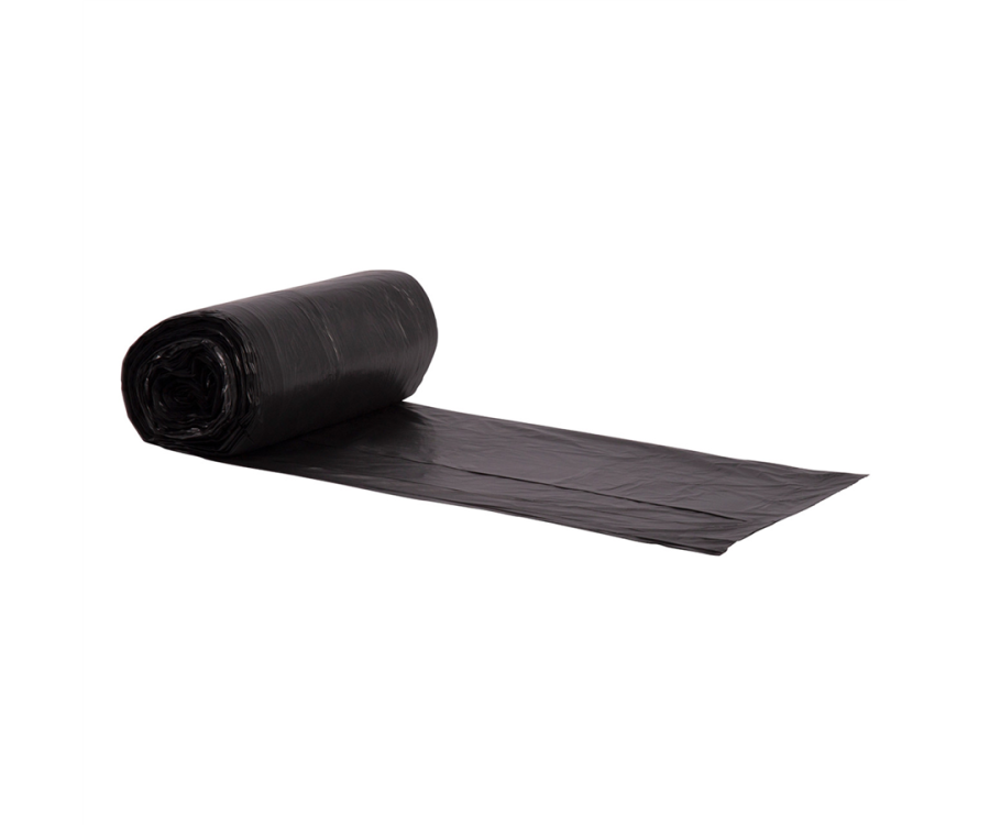 A roll of black plastic bags with one bag partially unrolled on a white background. Eco Blend® Max 0.8-Mil. 60 Gal. LLDPE Black Can Liner (38 in. x 50 in., 20/Roll, 100/Case)